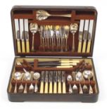 B & J Sippel six place oak canteen of silver plated cutlery, some with ivorine handles, 47cm