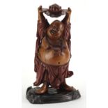 Chinese hardwood carving of Happy Buddha holding a lotus flower aloft, 39.5cm high : For Further