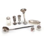 Silver objects including a Georgian ladle, bud vase and cut glass jars with silver lids : For