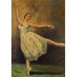 Manner of Laura Knight - Portrait of a ballerina, oil on board, mounted and framed, 64cm x 45cm :For