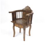 Good Moorish design elbow chair, with geometric parquetry inlay, probably Syrian, 88cm high : For