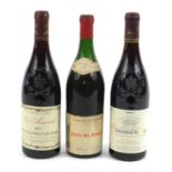 Three bottles of red wine, vintage 1959 Nuits St Georges by Grants of St James's and two bottles
