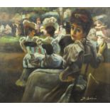 Figures in a park, oil on board, bearing a signature Soler and inscription verso, framed, 54.5cm x