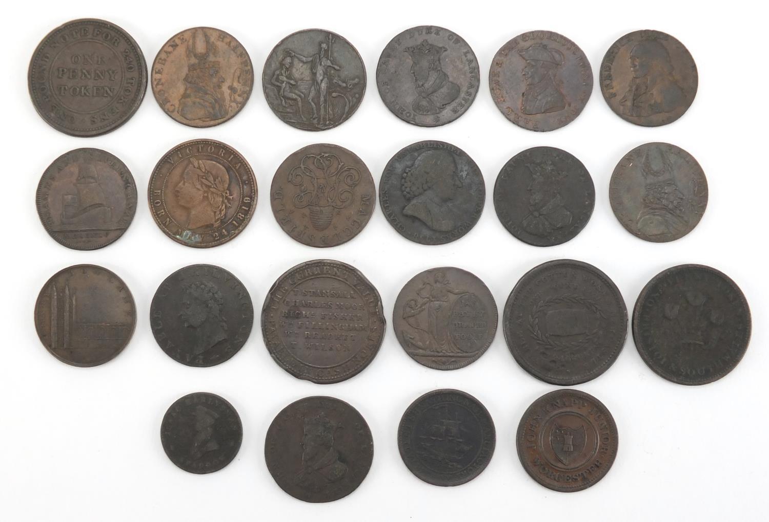 Twenty two late 18th early 19th century tokens and half pennies including Iohn of Gaunt Duke of