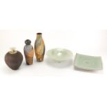 Studio pottery including a fish bowl by Jane Smith and two vases with an abstract design, various