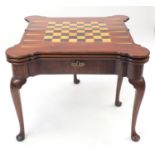 Georgian style inlaid mahogany twin folding card/games table, with eared corners, 69cm H x 89cm W