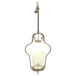 Large Art Nouveau Vaseline glass light shade etched with flowers, housed in a brass hanging