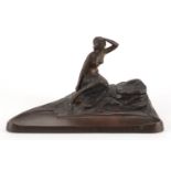 Art Nouveau patinated bronze desk inkwell with pen tray, modelled with a semi nude maiden, 23cm wide
