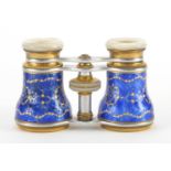 Pair of brass and Mother of Pearl opera glasses, the guilloche enamelled jewelled barrels