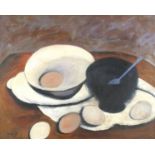 Still life eggs, Modern British oil on board, bearing a monogram W S, framed, 49.5cm x 39.5cm :