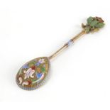 Unusual Russian silver gilt and champlevé enamel spoon by Faberge, with double-headed eagle