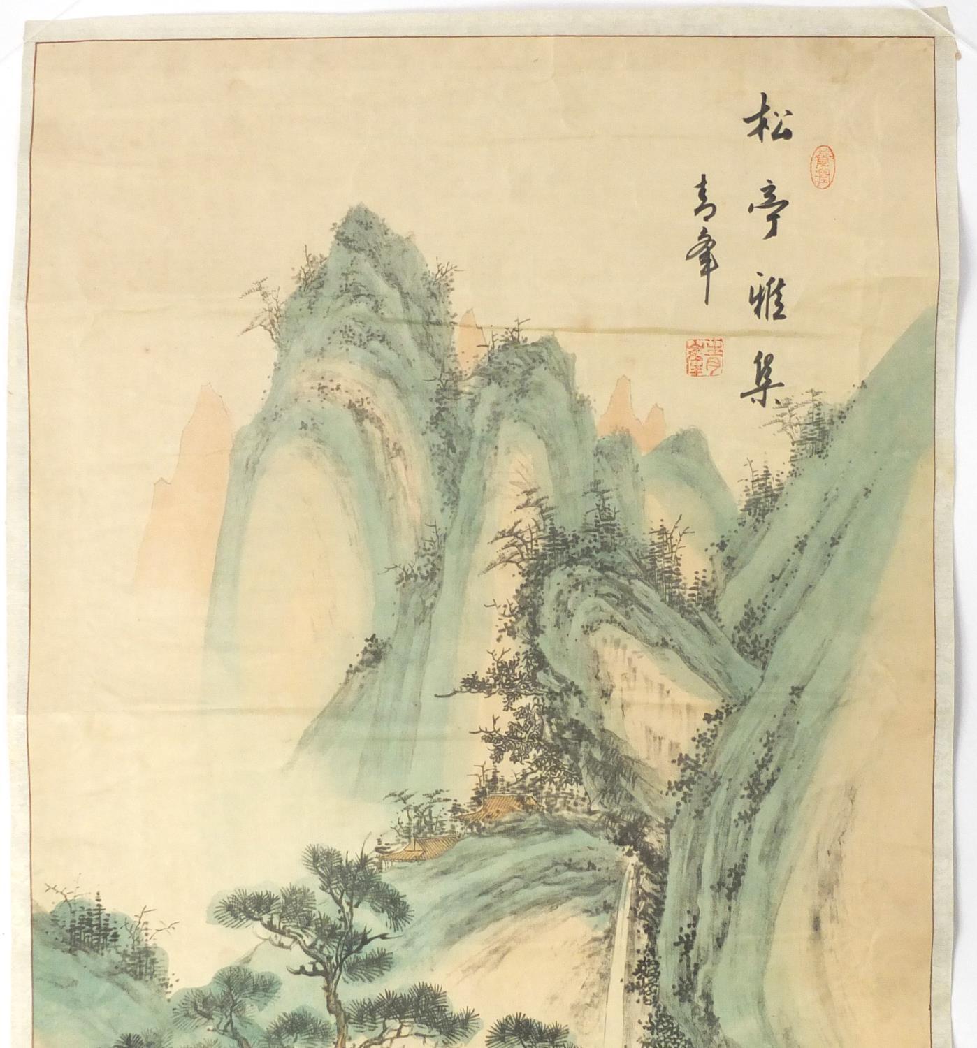 Chinese scroll hand painted with a gentlemen gathering in a pagoda amongst pines, with script and - Image 2 of 8