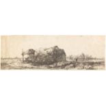 After Rembrandt - Landscape with figure, 18th century etching, unframed, 32cm x 10.5cm :For