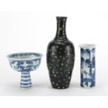 Oriental ceramics including a Chinese blue and white porcelain stem bowl, incised with two dragons