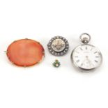 Assorted jewellery comprising a S Aston silver pocket watch, Victorian silver mourning brooch,