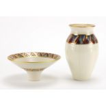 Bridget Drakeford studio pottery vase and footed bowl, each hand painted with an abstract design,