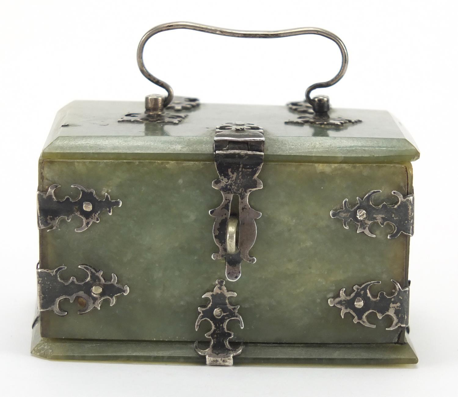 19th century Indian Mughal green jade casket, with silver mounts and swing handle, 5cm H x 9cm W x - Image 3 of 8