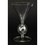 Vienna wine glass by Bimini with hollow stem enclosing a jockey on horseback, 14.1cm high :For
