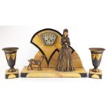 Art Deco black slate and marble mantel clock with garniture vases, the mantel clock mounted with a