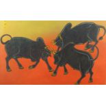Three Indian bulls, watercolour and gouache, bearing a signature, mounted and framed, 62cm x 38cm :