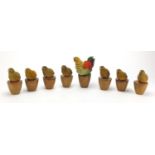 19th century felt chicken and chick skittles on wooden plinths, possibly by Steiff, the largest 17cm