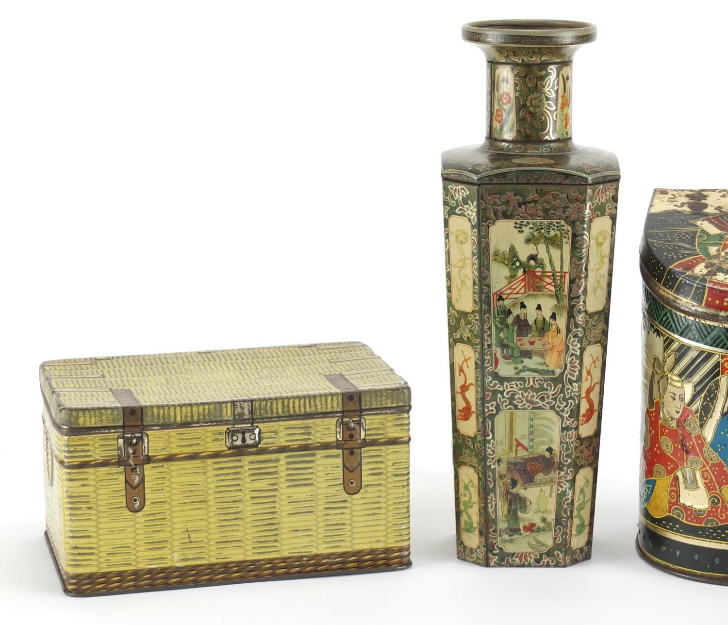 Four vintage biscuit tins, including a Huntley & Palmers example in the form of a Chinese vase - Image 2 of 7