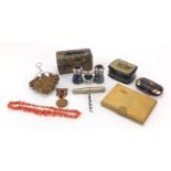 Antique and later objects including a Victorian tortoiseshell coin purse, twin handled scent bottle,