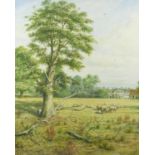 R E Wilkinson - Sheep before a manor house, heightened watercolour, mounted and framed, 49.5cm x