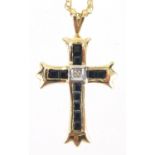 9ct gold sapphire and diamond cross pendant on a 9ct gold necklace, the pendant 3cm in length,