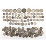 British pre decimal pre 1947 coins including three penny bits, approximate weight 290.0g : For