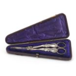Pair of Victorian silver plated grape scissors, by Harwood, housed in a velvet lined tooled