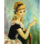 School of Marcel Dyf - Portrait of a young female holding a bird, oil on board, mounted and