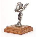 Vintage Spirit of Ecstasy chrome car mascot on wooden plinth base, overall 13.5cm high :For