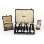 Silver items comprising set of six spoons, clothes brush and comb and a square napkin ring,