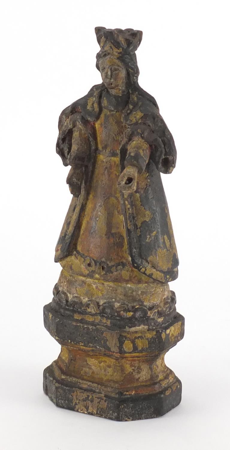 Antique hand painted wood carving of Madonna, 27cm high :For Further Condition Reports Please