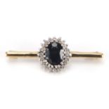 9ct gold sapphire and diamond bar brooch, G J Makers mark, 3.5cm in length, approximate weight 2.