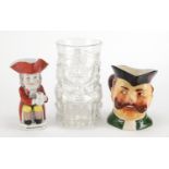 Whitefriars clear glass toby jug a Wade toby jug and a porcelain toby jug, the largest 16.5cm high :