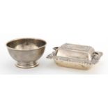 Miniature silver entrée dish with cover and a footed bowl, the dish marked B P L L C of London, 11.