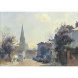 Trevor Chamberlain 1990 - Spring morning, North Road, Hertford, oil on canvas, inscriptions and