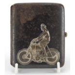 Rectangular silver and gunmetal cigarette case, decorated with a gentleman on a motorcycle, London