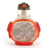 Chinese Peking glass snuff bottle and stopper with animalia handles, internally hand painted with