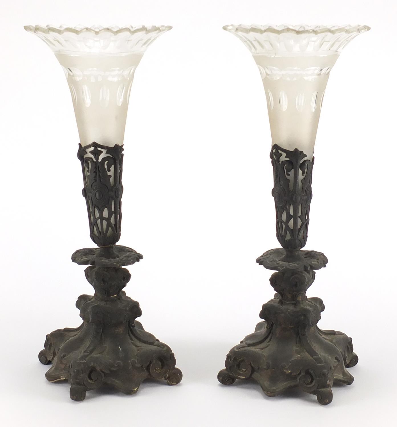 Pair of German silver plated and etched glass vases, impressed Henninger, each 41cm high :For