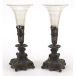 Pair of German silver plated and etched glass vases, impressed Henninger, each 41cm high :For