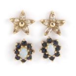 Two pairs of 9ct gold earrings including opal and sapphire : For Further Condition Reports Please