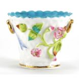 19th century Derby floral encrusted porcelain butter pail with twin gilt handles, painted marks to