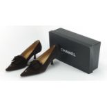 Pair of Chanel brown suede kitten heels, with box size 36½ : For Further Condition Reports Please