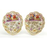 Pair of 19th century shell shape dishes, hand painted in the chinoiserie manner with figures and