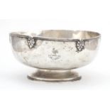 Arts & Crafts style circular silver pedestal fruit bowl with stylised border, by Barker Brothers