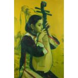 Portrait of an Oriental female playing a musical instrument, oil on canvas, bearing character marks,