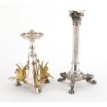 Silver plated Corinthian column candlestick with hairy paw feet and a silver plated centre piece,